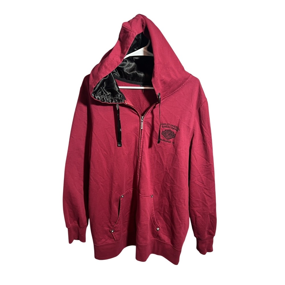 Harley-Davidson Men's Red Full Zip Hooded Sweatshirt Sequin Back Logo Fleece XL